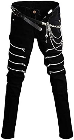 dingnengshop Men's Steampunk Pants Slim Pants Black Jeans Trousers with Fashion Chains