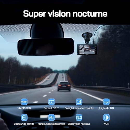 2.5K Dashcam Voiture Avant Arrière, 1440P+1080P FHD Caméra Embarquée Voiture, IPS 3" Dash Cam Voiture Grand Angle de 170°, G-Capteur, WDR, 24H Mode Parking, Enregistrement en Boucle