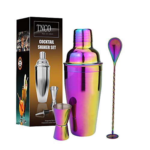 TNCO Cocktail Shaker Set Multi color RD4013, Bartender Set Includes: Drink Shaker with Cocktail Strainer, ½ / 1 OZ Jigger, Mixer Spoon (Multi, 26OZ(750ml))