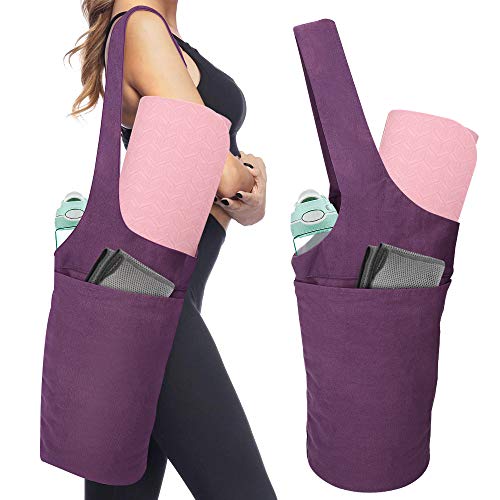 MoKo Yoga Mat Bag, Yoga Mat Tote Sling Carrier Lightweight Yoga Mat Carry Bag with Large Pocket & Zipper Pocket, Yoga Mat Holder for Women Men Fits Most Size Mats Reuseable Storage Bag – Purple