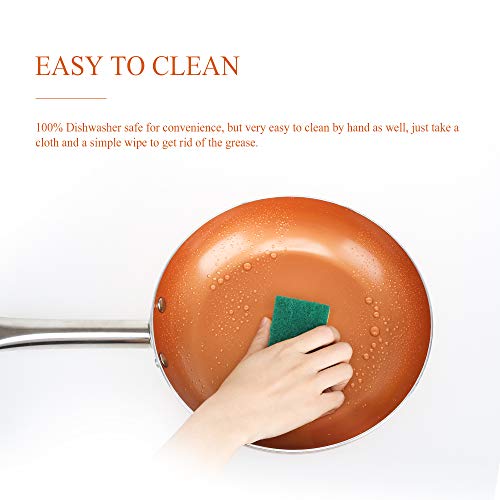 SHINEURI Nonstick Frying Pan Copper Pan with Stainless Steel Handle Round Frying Pan for Broiling Steaming and Braising, Dishwasher Safe PFOA PTFE Free (9.5 inch)