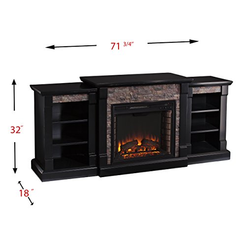 Southern Enterprises Ganyan Faux Stone Electric Fireplace with Bookcase, Black Finish - Thumbnail 3