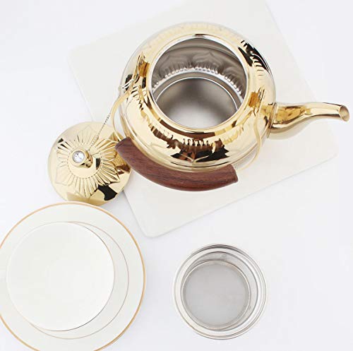 OMGard Gold Tea Pot with Infuser Loose Tea Leaf 2 Liter Stainless Steel Teapot Coffee Water Small Kettle Filter Set Warmer Teakettle for Stovetop Induction Stove Top 2.1 Quart / 68 Ounce - Thumbnail 4