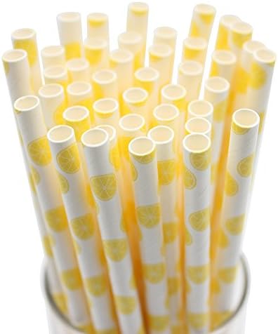 Cute Fruit Paper Straws Drinking Decoration Straw for Birthday, Wedding, Christmas, Celebration Parties, 100 Pieces, 7.7 Inch Long (Lemon)