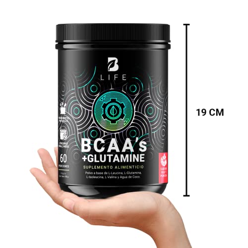 BCAAs con Glutamina en polvo con 60 Porciones. Leucina, Isoleucina, Valina, Glutamina y Agua de Coco. BCAAs + Glutamine Sabor FRUIT PUNCH 558 Gramos B Life.