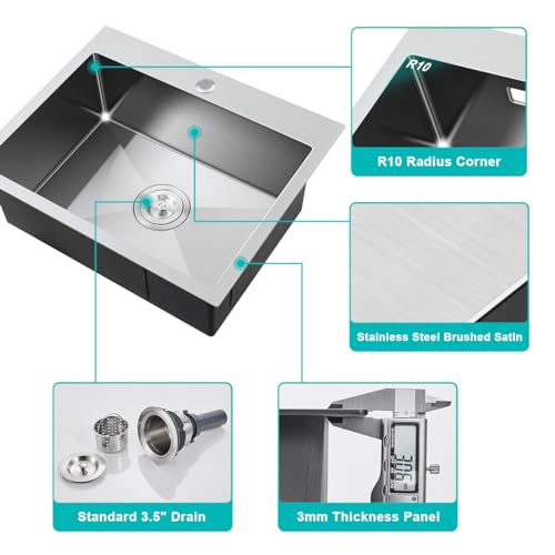 TSIBOMU 24 Inch Kitchen Sink Drop-in, 18 Gauge Stainless Steel Single Bowl Single Faucet Hole Top Mount Workstation Sink, D24 xW18 xH9