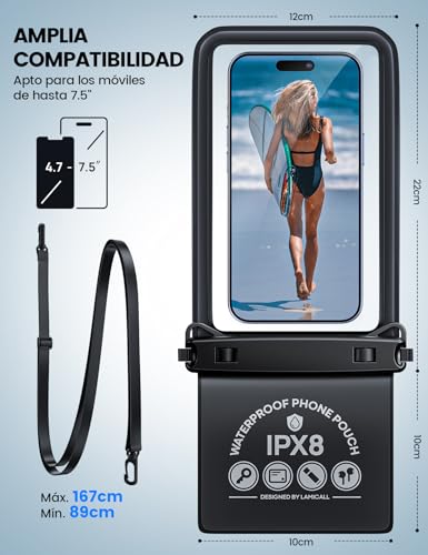Lamicall Funda Impermeable para Celular - [Bolsa Doble] IPX8 Bolsa para Celular contra Agua, Waterproof Case con iPhone 14 15 16 17 Pro MAX,Galaxy S23 S24 Ultra, Todos los 4-7.5" con Funda, 1 Pack
