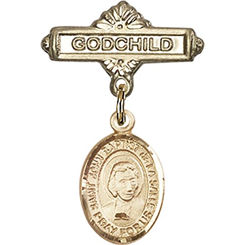 14kt Yellow Gold Baby Badge with St. John Baptist de la Salle Charm and Godchild Badge Pin 1 X 5/8 inches