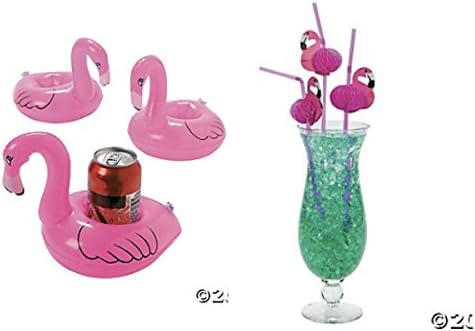 FLAMINGO Pool Party FAVORS - Four (4) Inflatable Floating Coasters and 1 Dozen (12) Beverage Cocktail Straws LUAU DECOR Decorations Table