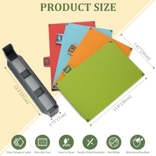 BEWOS 4 Colour Coded Chopping Boards Set, Wheat Straw Cutting Board, Reversible Chopping Board with Stand, Non-Slip Feet Chopping Boards for Kitchens, Juice Grooves & Dishwasher Safe