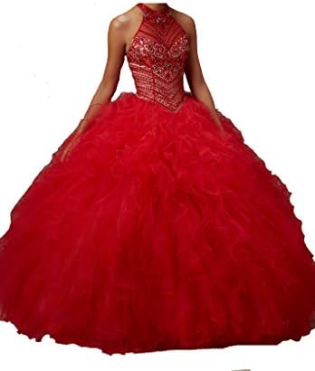 JinJia Women's O Neck Tulle Beads Sweet 15 Crystal Quinceanera Dresses 4 US Red