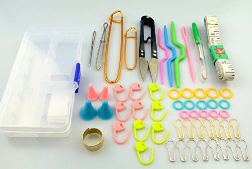 Maydahui Sewing Knitting Crochet Accessory Tool Kit with Case (Pack of 56) - Stitch Holders,Lock Markers,Circle Marker,Knitting Sewing Needle,Scissors,Measuring Tape etc