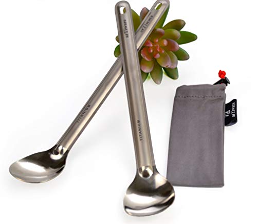 Lot of 2 Titanium Long Handle Spoons Outdoor Ultralight Portable Stirring/Mixing Cookware w. Polished Bowl Campfire Flatware for Kitchen Camping Backpacking Hiking Traveling 2 pcs Set w. Storage Bag