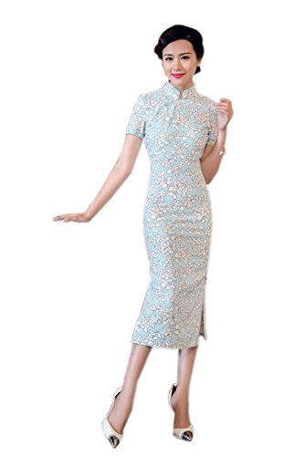 Blue Orchid Tea Length Chinese Qipao Dress, M