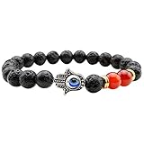 JOVIVI Jewelry 8MM Antique Silver Hamsa Hand Blue Evil Eye Lava Stone Bracelet 7''L(Two Red Gate Ball)