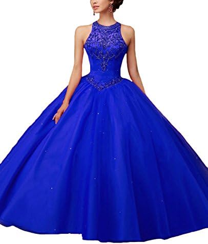 Icy Sun Women's Tulle Halter Beads Prom Ball Gowns Long Pageant Quinceanera Dresses