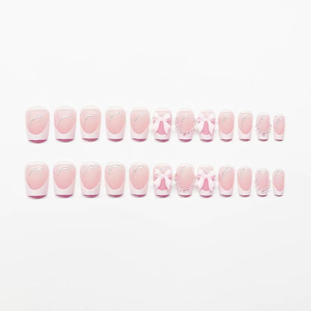 Short Press On Square Fake Nails - White French Tip, Pink Acrylic, Pearl Bow Charms Design - Glue On, Glossy Full Cover Stick On Nails - 24 Pcs - Image 2