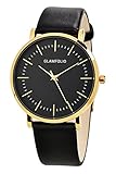 Dovoda Mens Gold Tone Watches Quartz Black Calf Leather Waterproof Wrist Watch