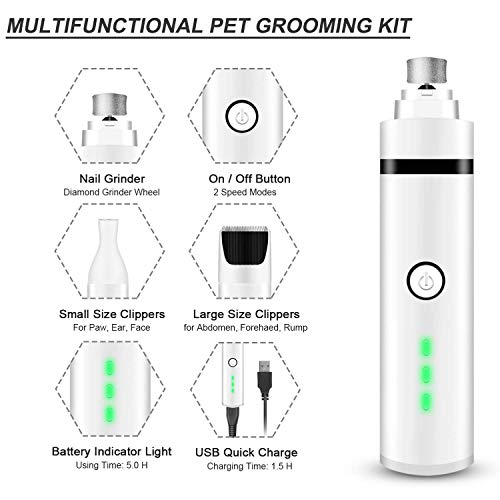 Dog Nail Grinder and Clippers, Vapker Electric Pet Nail Clippers and Hair Trimmer Grooming Tool for Small Medium Large Dogs & Cats with Professional 2 Speed