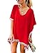 Women's Pom Pom Trim Kaftan Chiffon Swimwear Bathing Suit Beach Cover Up Free Size Red