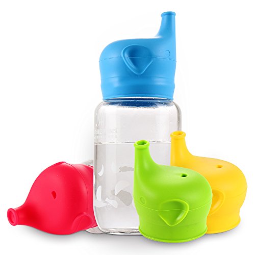Silicone Sippy Cup Lids (4 Pack) ,Tinabless Elephant Silicone Spout Turns Any Cup into a Sippy Spill Proof Cup for Toddlers & Babies, silicone sippy lids