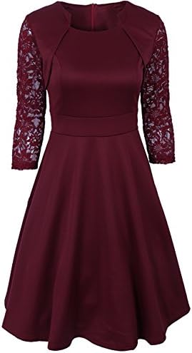 Square lace stitching large skirt A word dress (XL, Red)