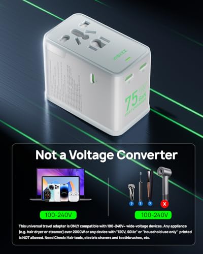 Adaptador de Viaje 75W, Adaptador Universal Europeo GAN de Carga rápida con 5 Puertos (1 AC, 1 USB-A y 3 USB-C), Adaptador de Enchufe con Chip Inteligente para más de 200 países, Blanco