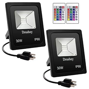 Image of Drosbey 30W RGB LED Flood Light, Outdoor Color Changing LED Security Light with Remote Control, 16 Colors & 4 Modes, IP66 Waterproof, Dimmable Wall Washer Light, Stage Lighting (2 Pack)