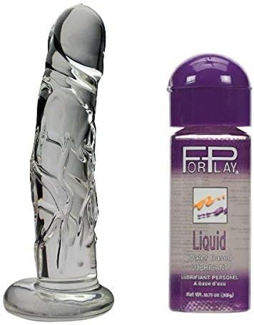 Spartacus Blown Realistic 7 inch Harness Ready Glass Dong with Base Clear with Free Long Lasting Personal Lubricant 10.25 Oz Forplay Liquid Water-based