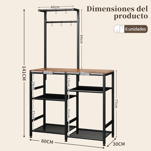 Simple Wisdom Alacenas para Cocina con 6 Niveles con Soporte para Microondas,Muebles para Cocinas con Ajustables y Ganchos en Forma de s,Mueble Multiusos de Cocina,Sala(Color Retro)