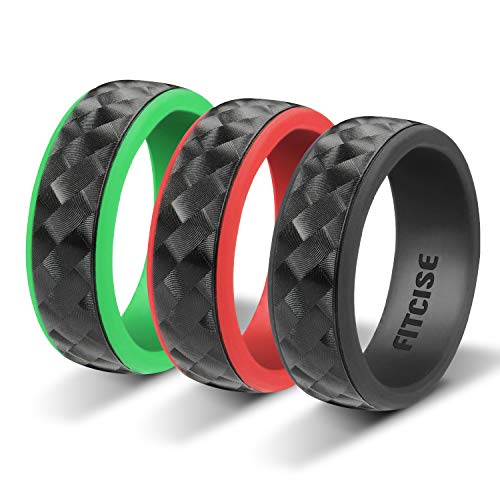 Fitcise Silicone Wedding Ring, 3D Carbon Fiber Texture Rubber Wedding Ring, 3 Pack in Gift Box Package (12)