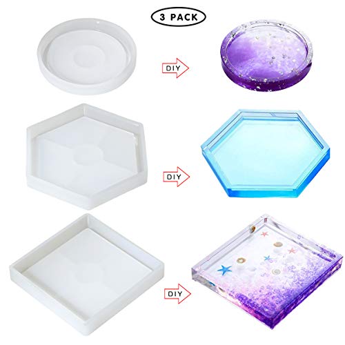 3 Pack DIY Silicone Coaster Resin Molds Including Hexagon,Square,Round Molds, Bottom Bracket Prevents Deformation,Molds for Casting with Resin,Concrete,Cement