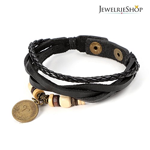 Lucky Handmade Natural Constellation Zodiac Sign Logo Genuine Real Leather Bracelet with Charms, Beads, Button, Adjustable Size, Gift for Him or for Her, Unisex (Aries - Black Leather)