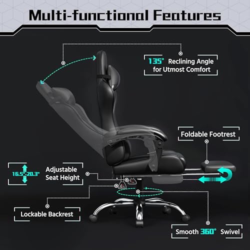 Yaheetech Gaming Chair, Video Game Chair with Massage Lumbar Support and Footrest Height Adjustable Ergonomic Computer Chair with Swivel Seat and Headrest, Full Black