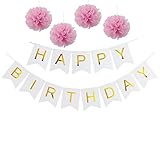 Pastels Party decorations Happy Birthday Bunting 13 flags Banner,Set of 4 Pink Tissue Paper Pom Poms