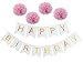 White Party decorations Happy Birthday Bunting 13 flags Banner,Set of 4 Pink Tissue Paper Pom Poms