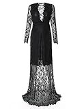 Saslax Maternity Sexy Deep V-Neck Long Sleeve Lace See-through Maxi Dress For Beach,With Linning Black,Large