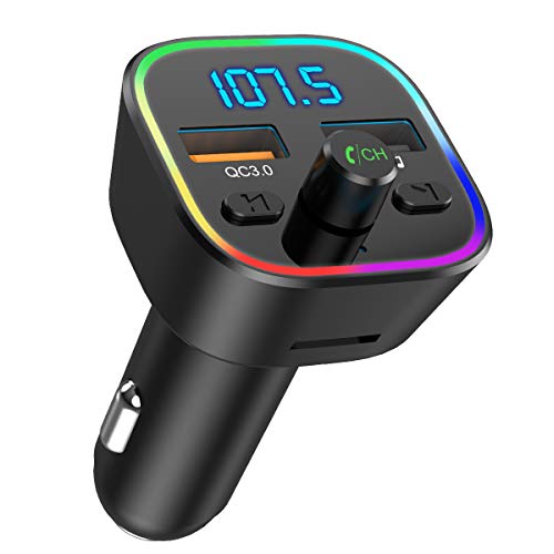 [2019 New] Bluetooth V5.0 FM Transmitter for Car, KeeKit Wireless Car Radio Adapter with Quick Charge 3.0, 7 Color RGB LED Backlit, Music Player Supports TF Card, USB Disk, Hands Free Car Kit - Black - Thumbnail 7