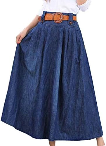F2Y Women's Long A-line Flared Pleated Denim Skirt (3XL, Blue)