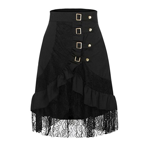 Womens Vintage Steampunk Goth Lace Party Skirt Front Button High Low Party Skirt (Black, XL) - Thumbnail 5
