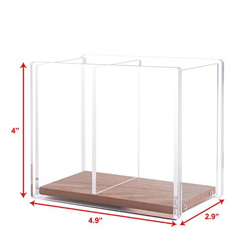 Acrylic Pencil Pen Holder Large, Zodaca [2 Compartments with Wood Base] Acrylic Pen Pencil Holder Large Capacity for Desk Desktop Stationery Organizer Desk Accessories, Clear/Brown (4.9" x 4" x 2.9") - Thumbnail 3