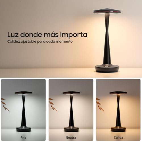 HYMZP Lámpara de Mesa LED Inalámbrica Recargable 6000mAh, 3 Temperaturas de Color y Regulación Táctil Continua, IP54 Impermeable, Diseño Moderno con Memoria, para Interior y Exterior (Negro)