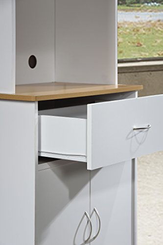 Hodedah Long Standing Kitchen Cabinet with Top & Bottom Enclosed Cabinet Space, One Drawer, Large Open Space for Microwave, White