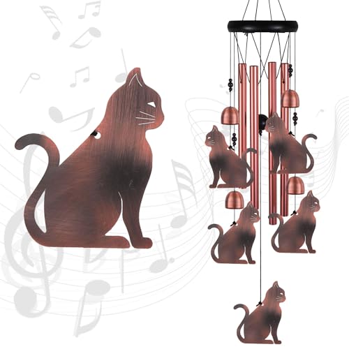 Solawindchime Katzen-Windspiel für Garten, Geschenke für Mutter, Zuhause, Balkone, Zimmer, Terrasse, Innen- und Außenbereich, Katzendekoration, Aluminium-Katzenspiel, Katzen-Windfänger, rote