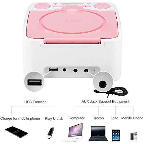 Alarm Clock Radio, CD Player, with USB Port, Headphone Jack, Aux Input, Remote Control, 12 /24H Time Display with Backlight, Sleep Timer (Pink)