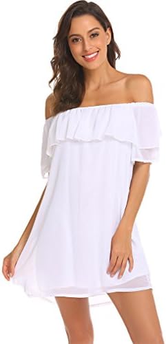 Women's Off Shoulder Chiffon Ruffles Shift Loose Mini Dress