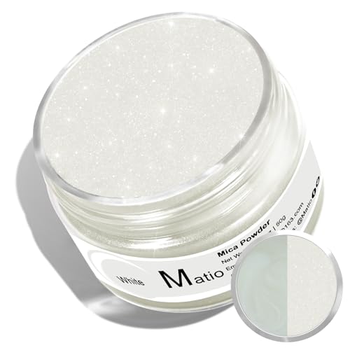 Matio White Mica Powder for Epoxy Resin, 1.8oz/ 50g Pearlescent Effect Mica Powder Natural Color Pigment for Soap Making, Bath Bomb, Candle Dye, Resin Craft, Paint, Nails Art, Jewelry, Slime Pigment