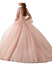 Eldecey Vestido de mujer con cuello en V y encaje con apliques de 16 bolas, para baile de graduación o quinceañera