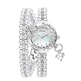 Tidoo Lady's Wristwatch, Charming Bangle Bracelet Watch White Silver Plated Pearls with a 3D Butterfly on It