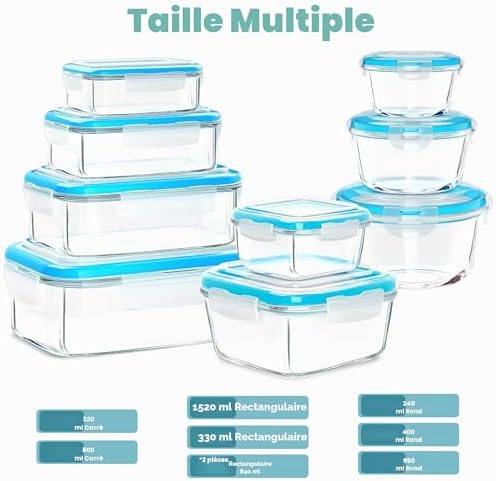 Boite Alimentaire Verre 18Pièces, 9 Boite Conservation Verre, 9 Couvercles Transparents, boite Allant Au Lave-Vaisselle, Au Congélateur Et Micro-Ondes, Sans BPA